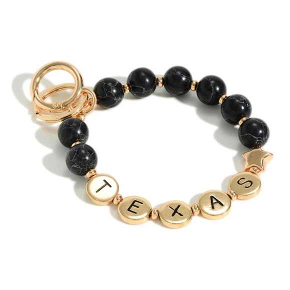 Jet Black Howlite Natural Stone Beaded 'Texas' State Keychain Bracelet - Picture 1 of 3